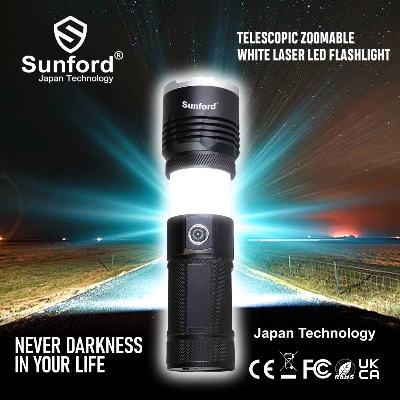 Picture of Sunford SF-480ZE Telescopic Zoomable 30W High Powered Zoom Torch / Flashlight with Power Bank and Emergency Light Facility - 1 Piece ( Black )