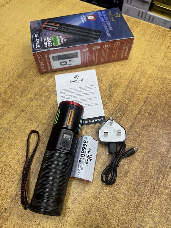 Picture of Sunford SF-485ZL LED Display Telescopic Zoomable 30W High Powered LED Zoom Torch / Flashlight with Power Bank Facility - 1 Piece ( Black )