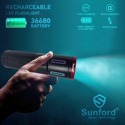 Picture of Sunford SF-485ZL LED Display Telescopic Zoomable 30W High Powered LED Zoom Torch / Flashlight with Power Bank Facility - 1 Piece ( Black )