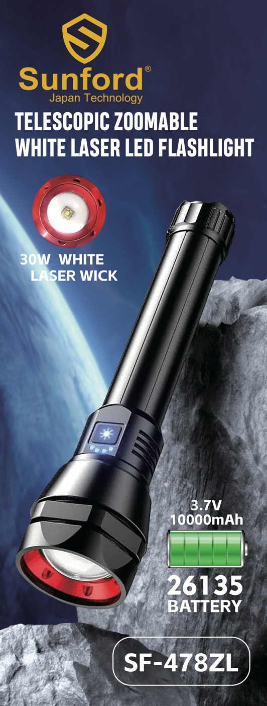 Picture of Sunford SF-478ZL Telescopic Zoomable 30W High Powered LED Zoom Torch / Flashlight with Power Bank Facility - 1 Piece ( Black )