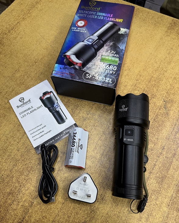 Picture of Sunford SF-483ZL Telescopic Zoomable 30W High Powered LED Zoom Torch / Flashlight with Power Bank Facility - 1 Piece ( Black )