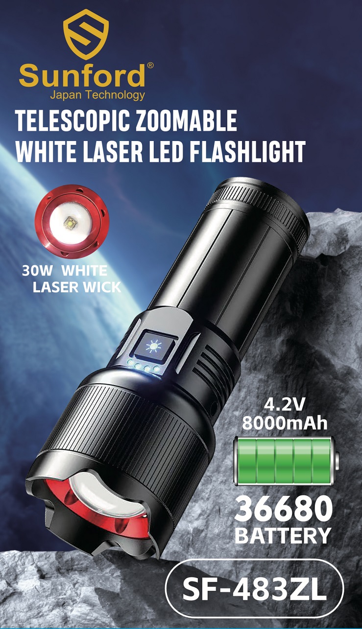 Picture of Sunford SF-483ZL Telescopic Zoomable 30W High Powered LED Zoom Torch / Flashlight with Power Bank Facility - 1 Piece ( Black )