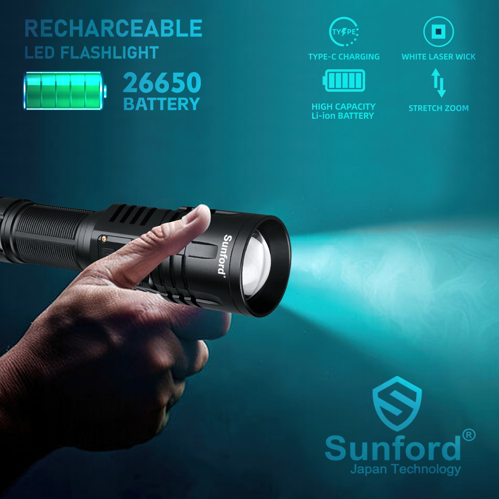 Picture of Sunford SF-463ZL LED Display Telescopic Zoomable 30W LED Zoom Torch / Flashlight with Power Bank Facility - 1 Piece ( Black )
