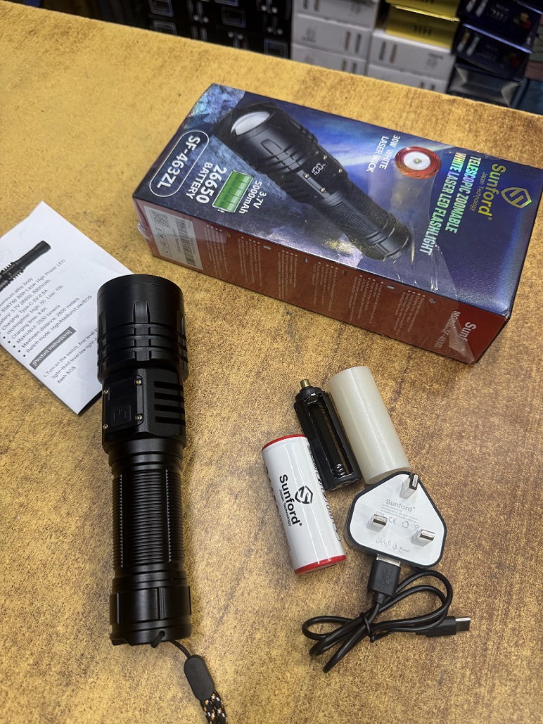 Picture of Sunford SF-463ZL LED Display Telescopic Zoomable 30W LED Zoom Torch / Flashlight with Power Bank Facility - 1 Piece ( Black )