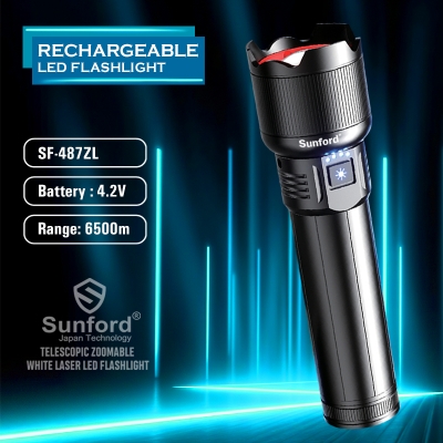 Picture of Sunford SF-487ZL Telescopic Zoomable 60W High Powered White LASER Wick Zoom Torch Light / Flashlight with Power Bank Facility - 1 Piece ( Black )