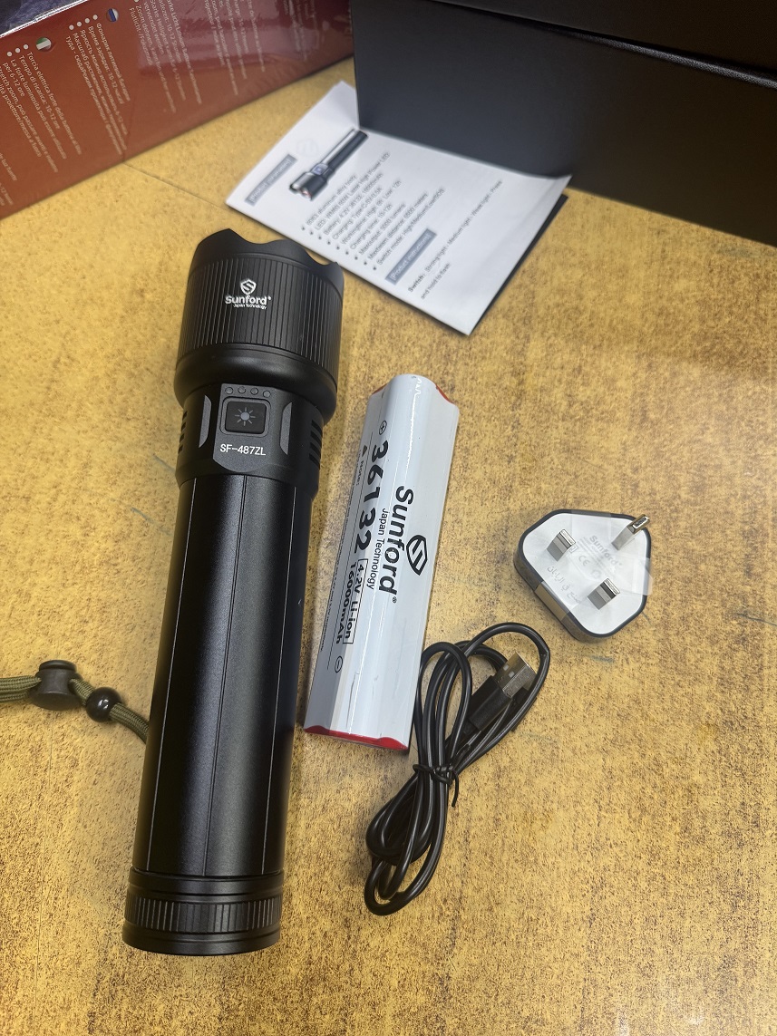 Picture of Sunford SF-487ZL Telescopic Zoomable 60W High Powered White LASER Wick Zoom Torch Light / Flashlight with Power Bank Facility - 1 Piece ( Black )