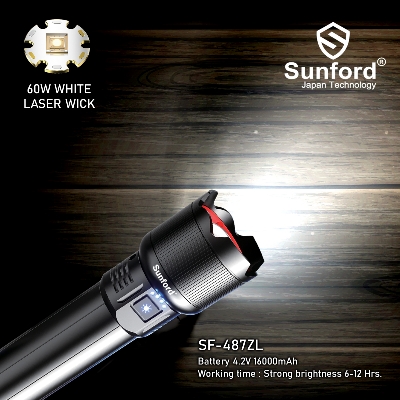 Picture of Sunford SF-487ZL Telescopic Zoomable 60W High Powered White LASER Wick Zoom Torch Light / Flashlight with Power Bank Facility - 1 Piece ( Black )