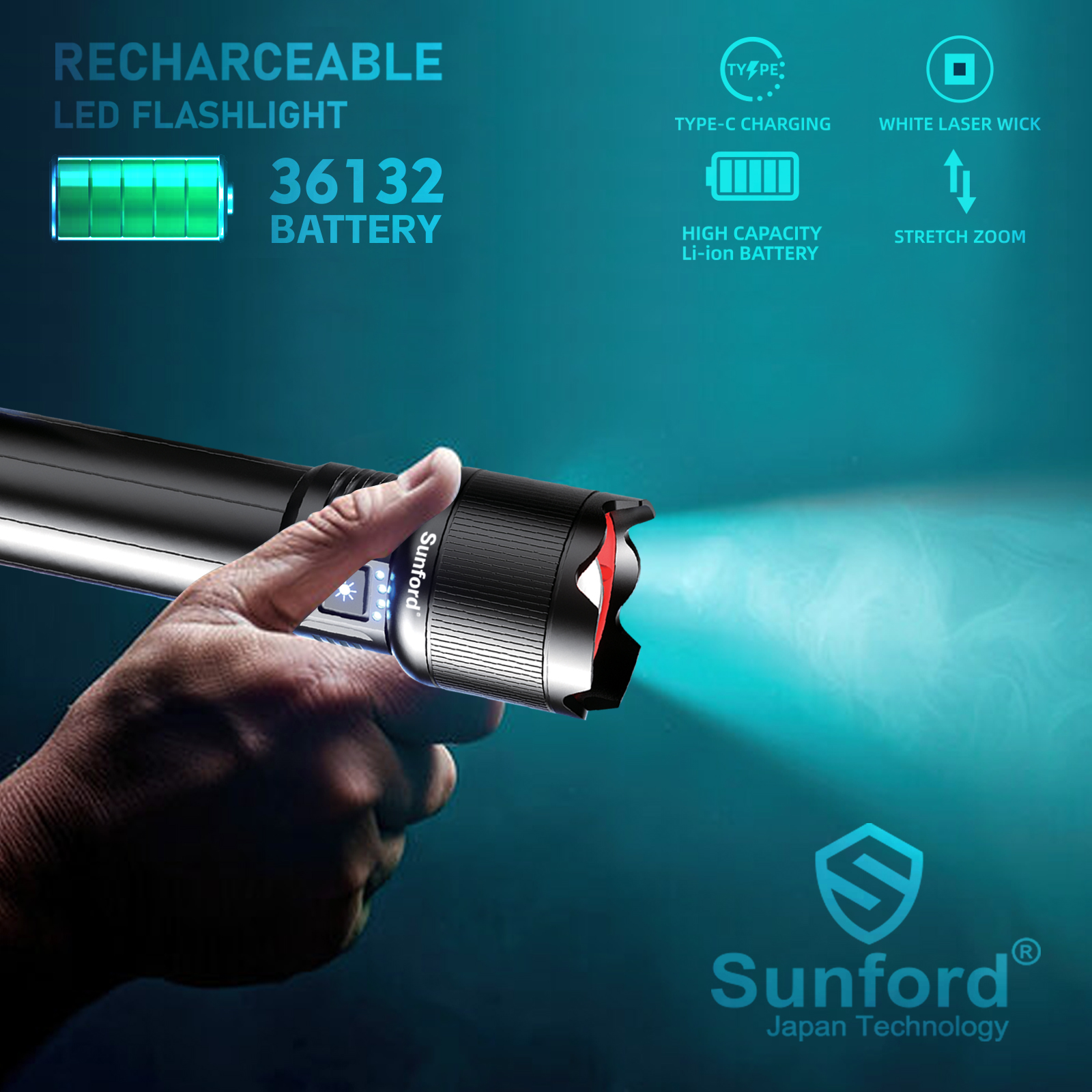 Picture of Sunford SF-487ZL Telescopic Zoomable 60W High Powered White LASER Wick Zoom Torch Light / Flashlight with Power Bank Facility - 1 Piece ( Black )