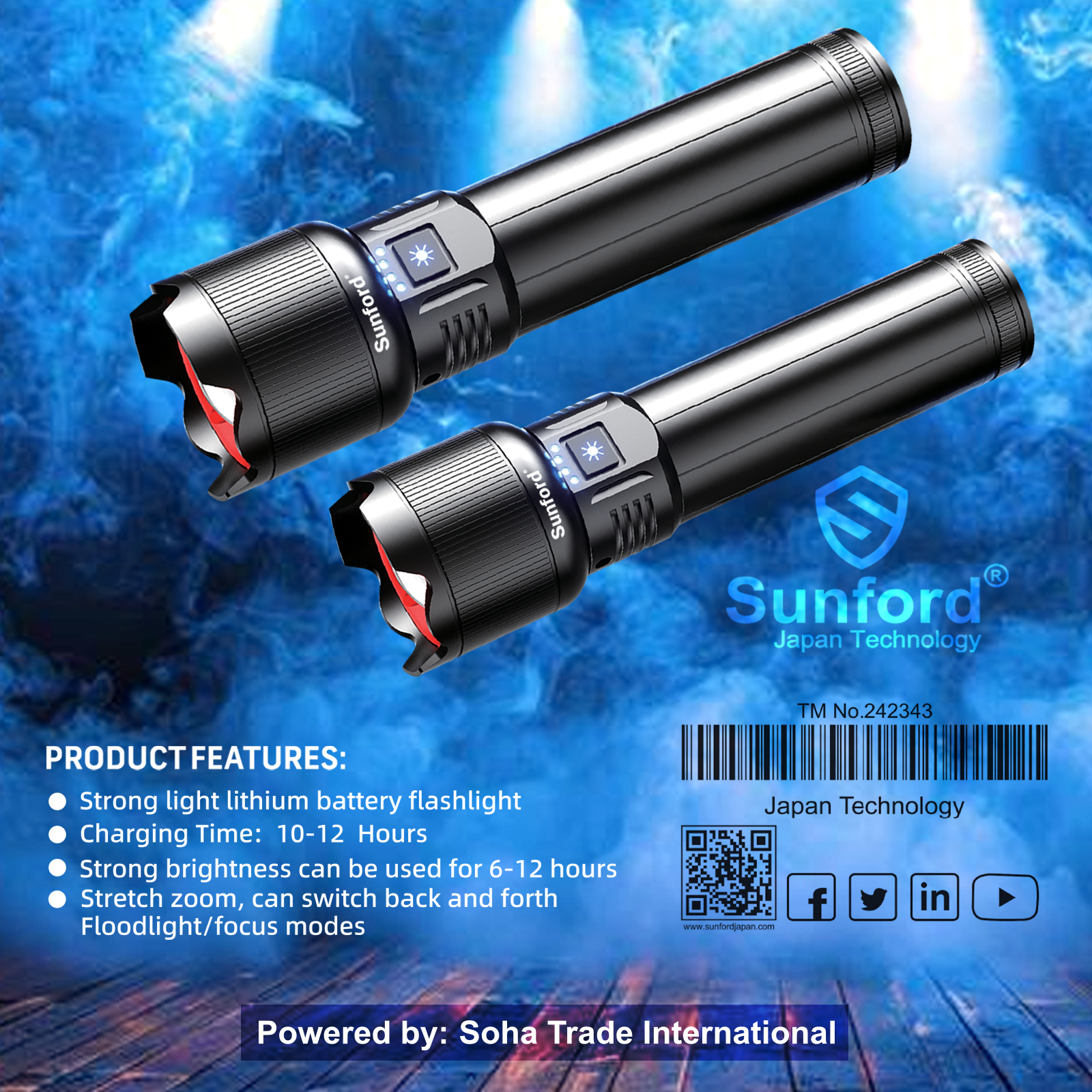 Picture of Sunford SF-487ZL Telescopic Zoomable 60W High Powered White LASER Wick Zoom Torch Light / Flashlight with Power Bank Facility - 1 Piece ( Black )