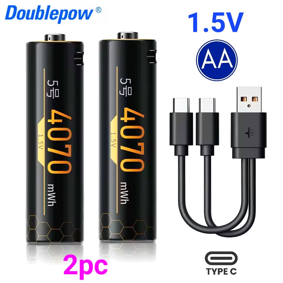 Picture of Doublepow AA Size 1.5V 4070mWh High Capacity Li-ion Rechargeable Battery with Built-in USB Type-C Fast Charging Port & LED Indicator Facility Lithium-ion Heavy Duty Battery For Door Lock, Toys & DC Electronics Devices  - 2 Pieces Pack ( Multicolor )