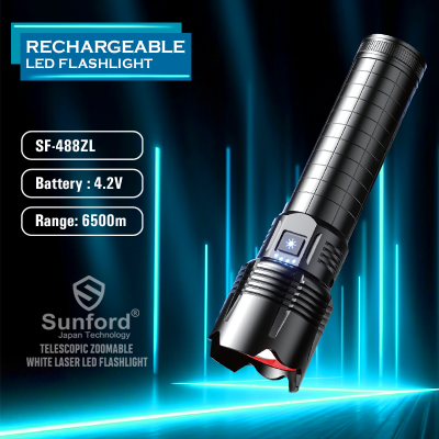 Picture of Sunford SF-488ZL Telescopic Zoomable 60W High Powered White LASER Wick Zoom Torch Light / Flashlight with Power Bank Facility - 1 Piece ( Black )