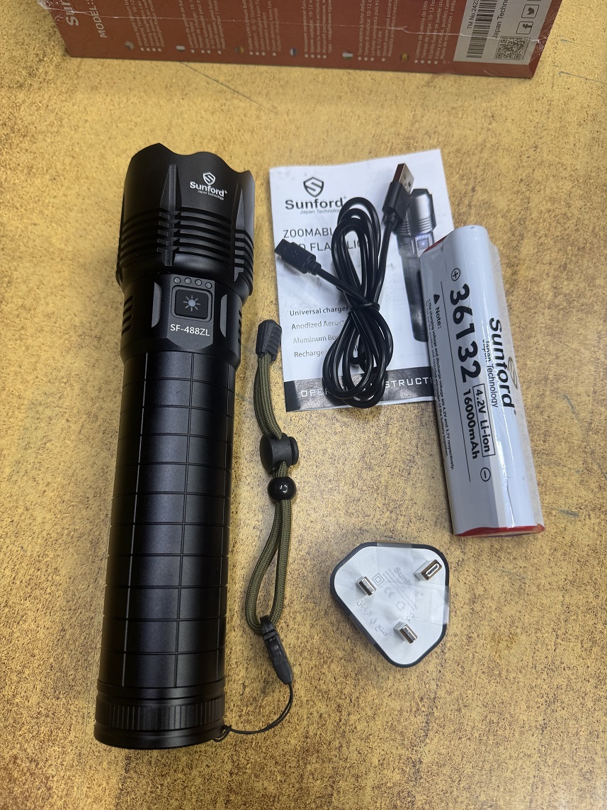 Picture of Sunford SF-488ZL Telescopic Zoomable 60W High Powered White LASER Wick Zoom Torch Light / Flashlight with Power Bank Facility - 1 Piece ( Black )