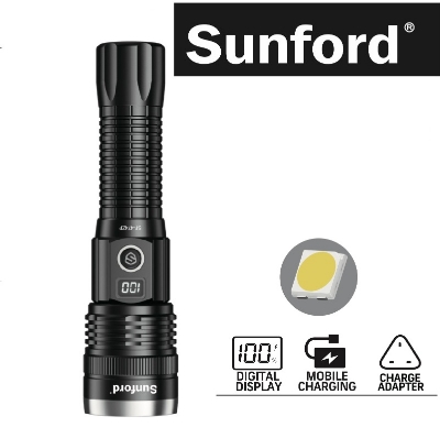 Picture of Sunford  SF-474ZP Telescopic Zoomable 30W High Power White LASER LED Zoom Flashlight / Torch with Digital LED Display & Power Bank Facility - 1 Piece ( Multicolor )
