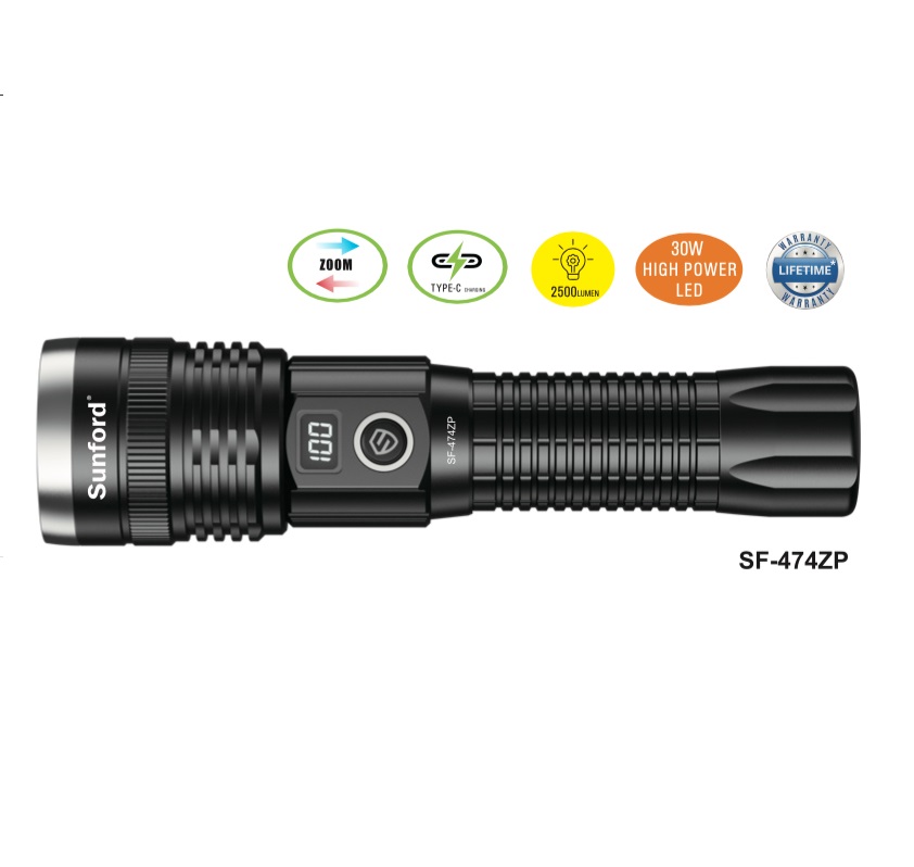 Picture of Sunford  SF-474ZP Telescopic Zoomable 30W High Power White LASER LED Zoom Flashlight / Torch with Digital LED Display & Power Bank Facility - 1 Piece ( Multicolor )