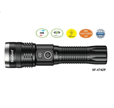 Picture of Sunford  SF-474ZP Telescopic Zoomable 30W High Power White LASER LED Zoom Flashlight / Torch with Digital LED Display & Power Bank Facility - 1 Piece ( Multicolor )