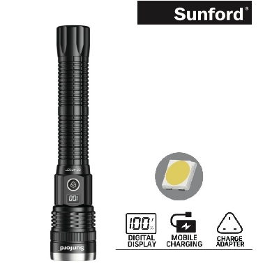 Picture of Sunford  SF-475ZP Telescopic Zoomable 30W High Power White LASER LED Zoom Flashlight / Torch with Digital LED Display & Power Bank Facility - 1 Piece ( Multicolor )