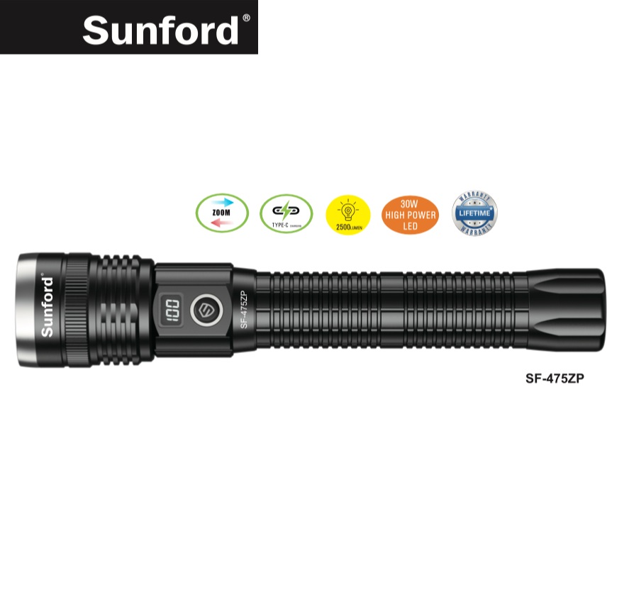 Picture of Sunford  SF-475ZP Telescopic Zoomable 30W High Power White LASER LED Zoom Flashlight / Torch with Digital LED Display & Power Bank Facility - 1 Piece ( Multicolor )