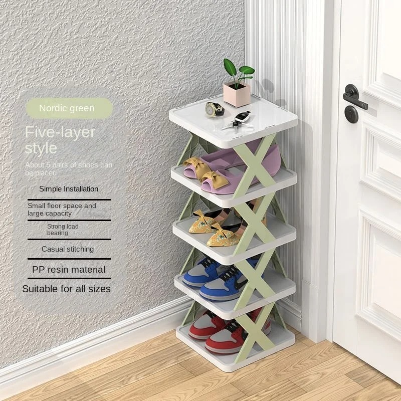 Picture of 5-Tier Small Tall narrow vertical shoe rack,Stackable Free Standing Shoe Rack,Space Saving Furniture Shoe Storage Organizer,Green