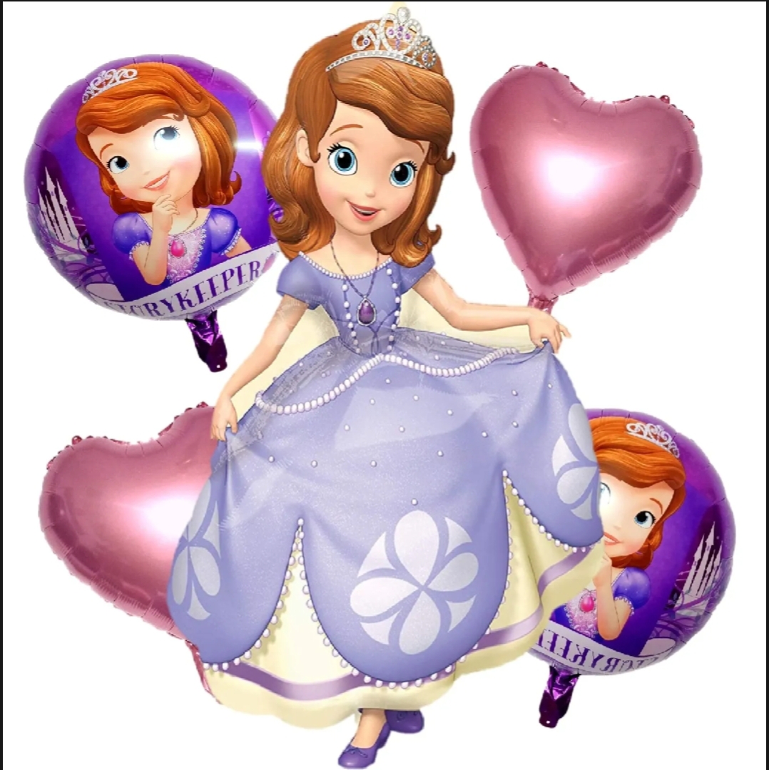 Picture of 5 Pcs Sofia Princess Character Foil Balloon - 5 Pcs of Foil Balloon - 1 Sofia Princess character, 2 Pink Heart shape, 2 round shape balloon for birthday theme Decoration