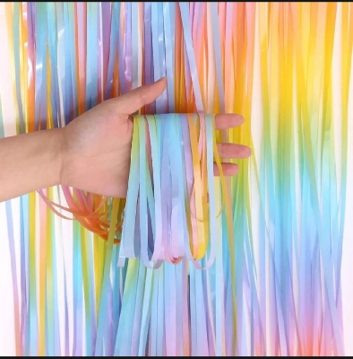 Picture of Rainbow Gradient Colorful Metallic Foil Fringe Curtain Pastel Candy Colored Metallic Tinsel Curtain Backdrop for Birthday Party Baby Shower Party Decoration