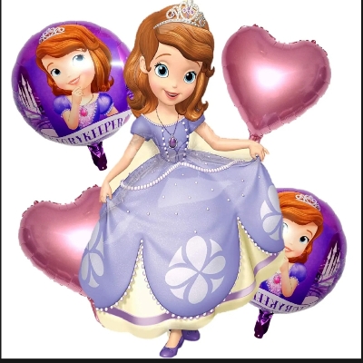 Picture of 5 Pcs Sofia Princess Character Foil Balloon - 5 Pcs of Foil Balloon - 1 Sofia Princess character, 2 Pink Heart shape , 2 round shape balloon for birthday theme Decoration
