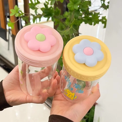 Picture of 550ml Small flower straw cap layer borosilicate glass cup cartoon water cup straw cold drink cola beverage cup milk tea milk single layer cup with lid and straw(purple 550ml)