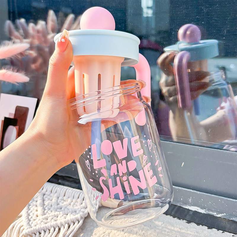 Picture of New 550ml Small flower straw cap layer borosilicate glass cup cartoon water cup straw cold drink cola beverage cup milk tea milk single layer cup with lid and straw(650ml 1 pcs)