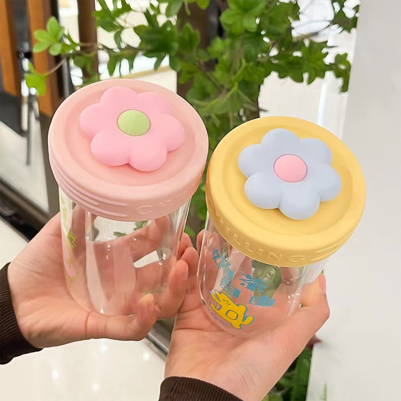 Picture of New 550ml Small flower straw cap layer borosilicate glass cup cartoon water cup straw cold drink cola beverage cup milk tea milk single layer cup with lid and straw(purple 550ml)