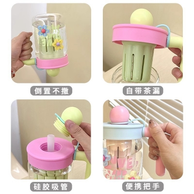 Picture of NEW 650ml Glass cup new high borosilicate handled coffee cup glass water cup cold drink cola beverage cup milk tea milk single layer cup with straw cap(Multicolor 1 pcs)