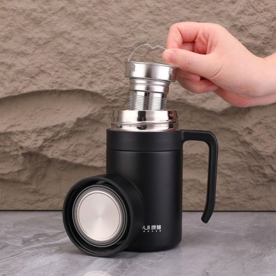 Picture of 316 coated handled hot and cold stainless steel drinking cup, anti-fall, anti-scalding, large-capacity mug, office cup, 500ml(Black)