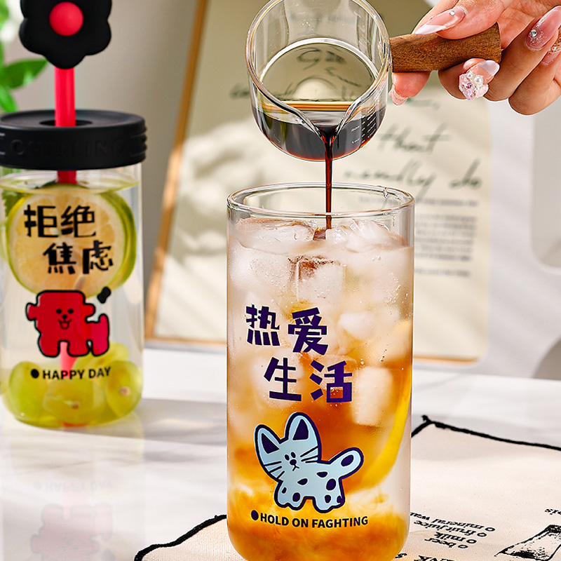 Picture of 550ml Small flower straw cap layer borosilicate glass cup cartoon water cup straw cold drink cola beverage cup milk tea milk single layer cup with lid and straw(yellow 550ml)