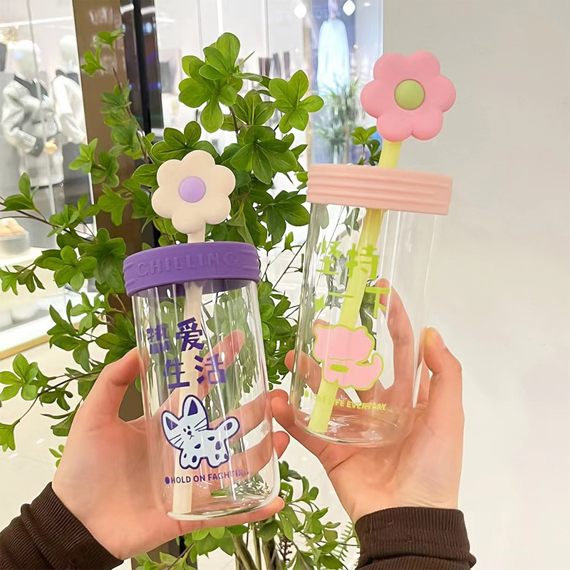 Picture of 550ml Small flower straw cap layer borosilicate glass cup cartoon water cup straw cold drink cola beverage cup milk tea milk single layer cup with lid and straw(purple 550ml)