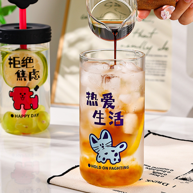Picture of New 550ml Small flower straw cap layer borosilicate glass cup cartoon water cup straw cold drink cola beverage cup milk tea milk single layer cup with lid and straw(yellow 550ml)