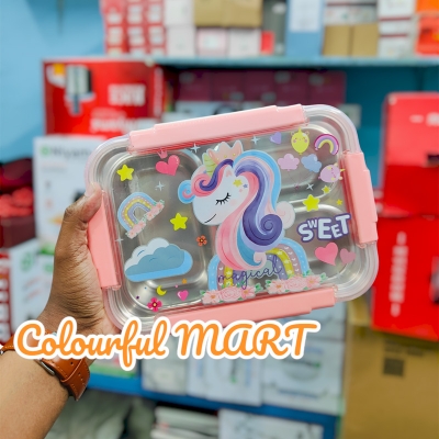 Picture of cartoon stainless steel compartment lunch box with bowl children's student lunch box outdoor picnic sealed lunch box(2586 multicolor 1pcs)