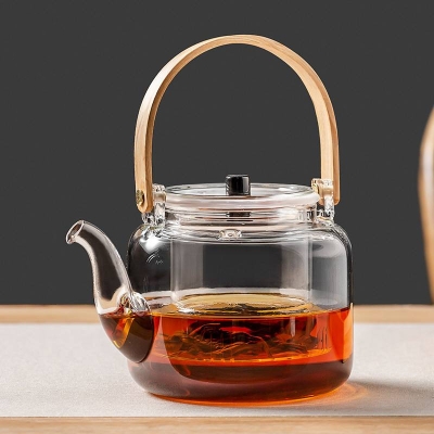 Picture of 1000ml wooden handle  Borosilicate Glass Teapot, Loose Leaf Tea Kettle, Borosilicate Glass Heat Resistant Clear Leaf Teapot with glass Infuser Strainer for Microwavable and Stovetop Safe(1000ml glass kettlee)