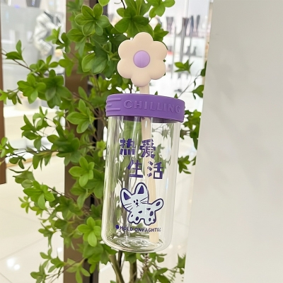 Picture of 550ml Small flower straw cap layer borosilicate glass cup cartoon water cup straw cold drink cola beverage cup milk tea milk single layer cup with lid and straw(purple 550ml)