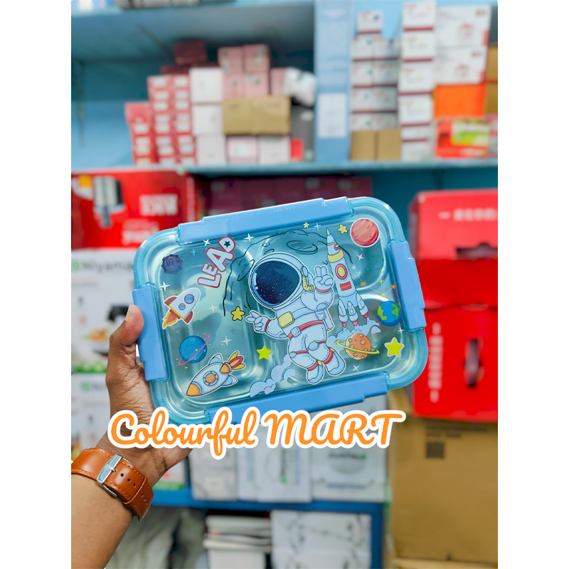 Picture of cartoon stainless steel compartment lunch box with bowl children's student lunch box outdoor picnic sealed lunch box(2586 multicolor 1pcs)
