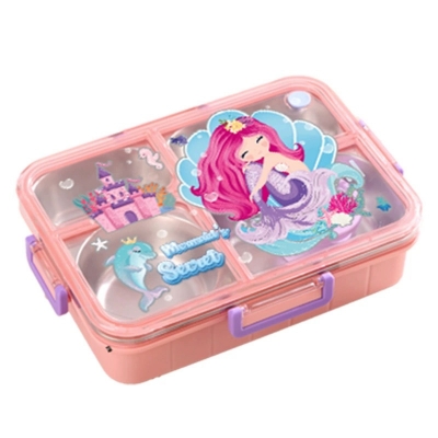 Picture of Children's school cartoon lunch box with tableware independent four-grid sealed  lunch box small meal lunch box with spoon and chopstick(mermaid secret)