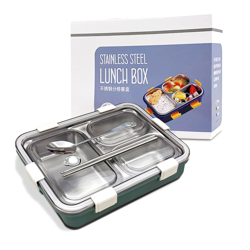 Picture of 304 stainless steel lunch box student light luxury lunch box Japanese and Korean modern simple 4-grid sealed insulation lunch box with spoon and chopstick(Multicolor 1 pcs)