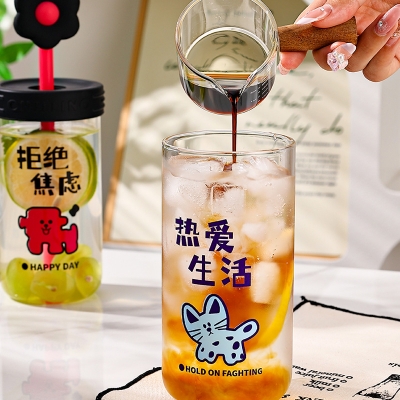 Picture of 550ml Small flower straw cap layer borosilicate glass cup cartoon water cup straw cold drink cola beverage cup milk tea milk single layer cup with lid and straw(yellow 550ml)