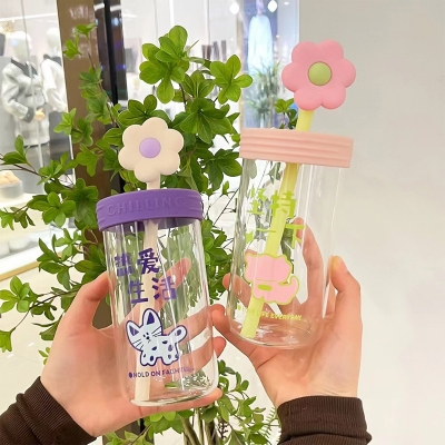 Picture of 550ml Small flower straw cap layer borosilicate glass cup cartoon water cup straw cold drink cola beverage cup milk tea milk single layer cup with lid and straw(purple 550ml)