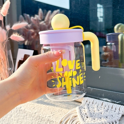 Picture of New 550ml Small flower straw cap layer borosilicate glass cup cartoon water cup straw cold drink cola beverage cup milk tea milk single layer cup with lid and straw(650ml 1 pcs)