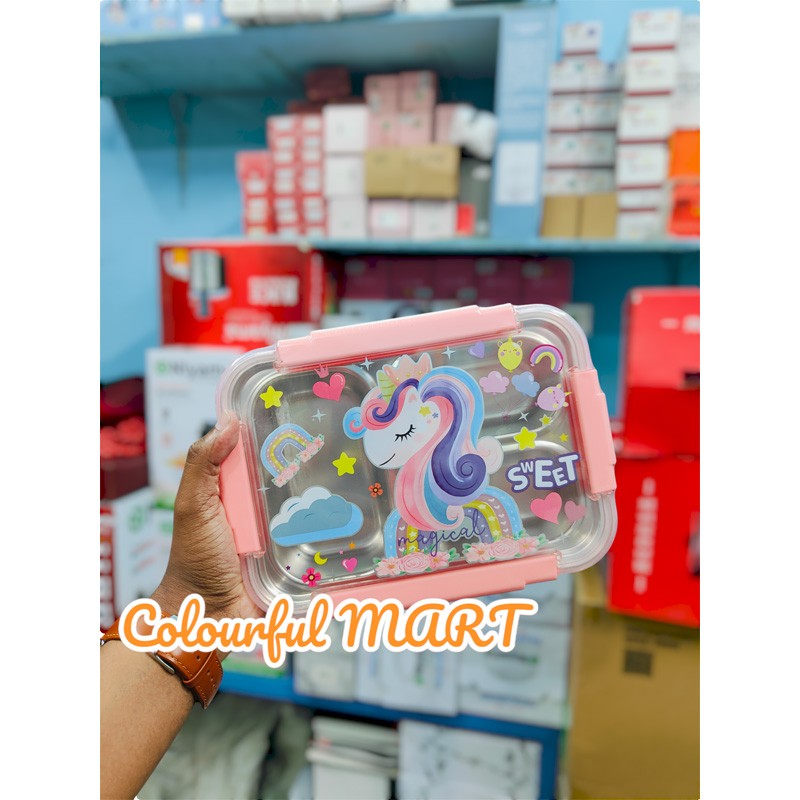 Picture of New cartoon stainless steel compartment lunch box with bowl children's student lunch box outdoor picnic sealed lunch box(2586 multicolor 1pcs)