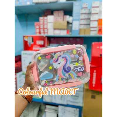Picture of New cartoon stainless steel compartment lunch box with bowl children's student lunch box outdoor picnic sealed lunch box(2586 multicolor 1pcs)