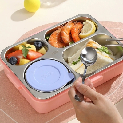 Picture of Children's school cartoon lunch box with tableware independent four-grid sealed  lunch box small meal lunch box with spoon and chopstick(mermaid secret)