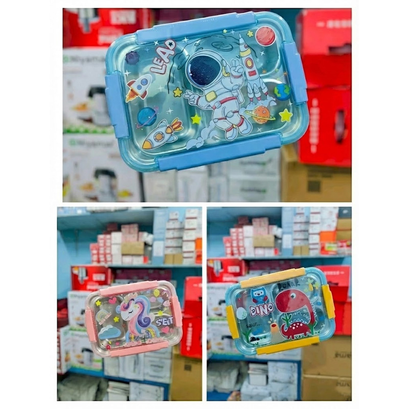 Picture of New cartoon stainless steel compartment lunch box with bowl children's student lunch box outdoor picnic sealed lunch box(2586 multicolor 1pcs)