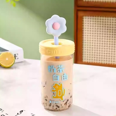 Picture of New 550ml Small flower straw cap layer borosilicate glass cup cartoon water cup straw cold drink cola beverage cup milk tea milk single layer cup with lid and straw(yellow 550ml)