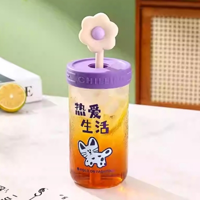 Picture of New 550ml Small flower straw cap layer borosilicate glass cup cartoon water cup straw cold drink cola beverage cup milk tea milk single layer cup with lid and straw(purple 550ml)