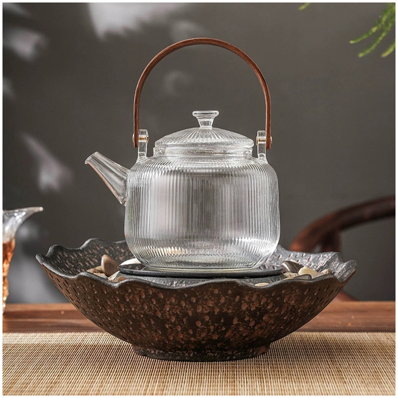 Picture of 800ml wooden handle  Borosilicate Glass Teapot, Loose Leaf Tea Kettle, Borosilicate Glass Heat Resistant Clear Leaf Teapot with glass Infuser Strainer for Microwavable and Stovetop Safe(800ml glass tea pot)