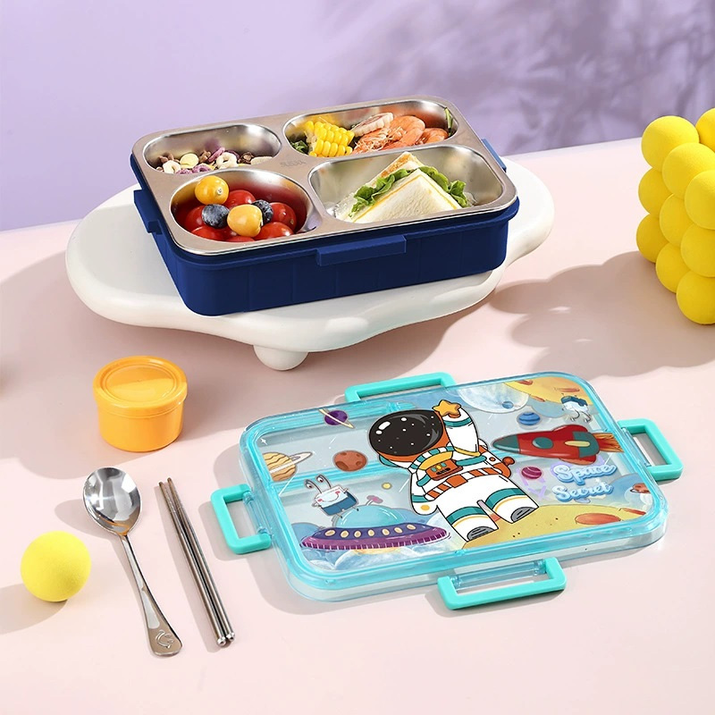 Picture of New Children's school cartoon lunch box with tableware independent four-grid sealed  lunch box small meal lunch box with spoon and chopstick(mermaid secret)